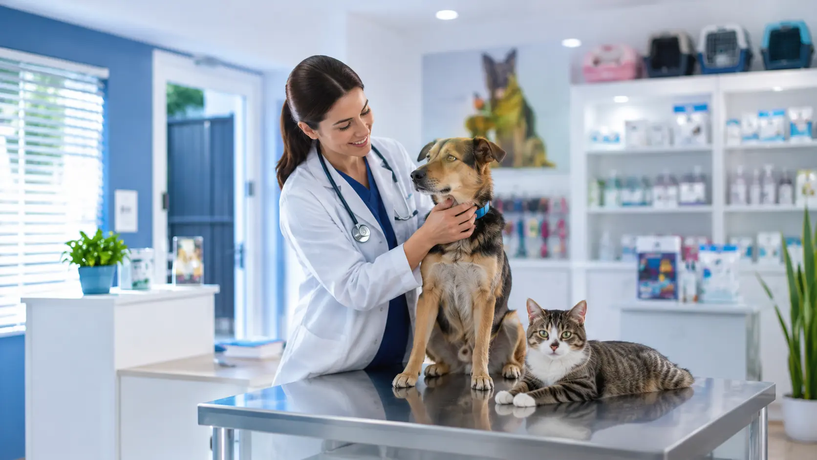 Veterinaria de Zoomanía atendiendo a un perro y un gato sobre la mesa de consulta