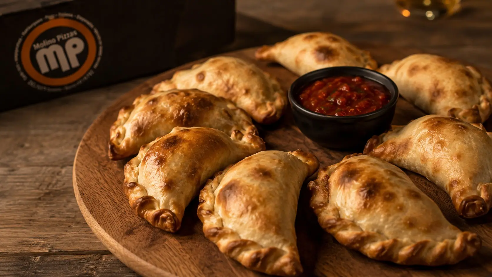 Empanadas caseras doradas sobre tabla de madera con salsa para compartir