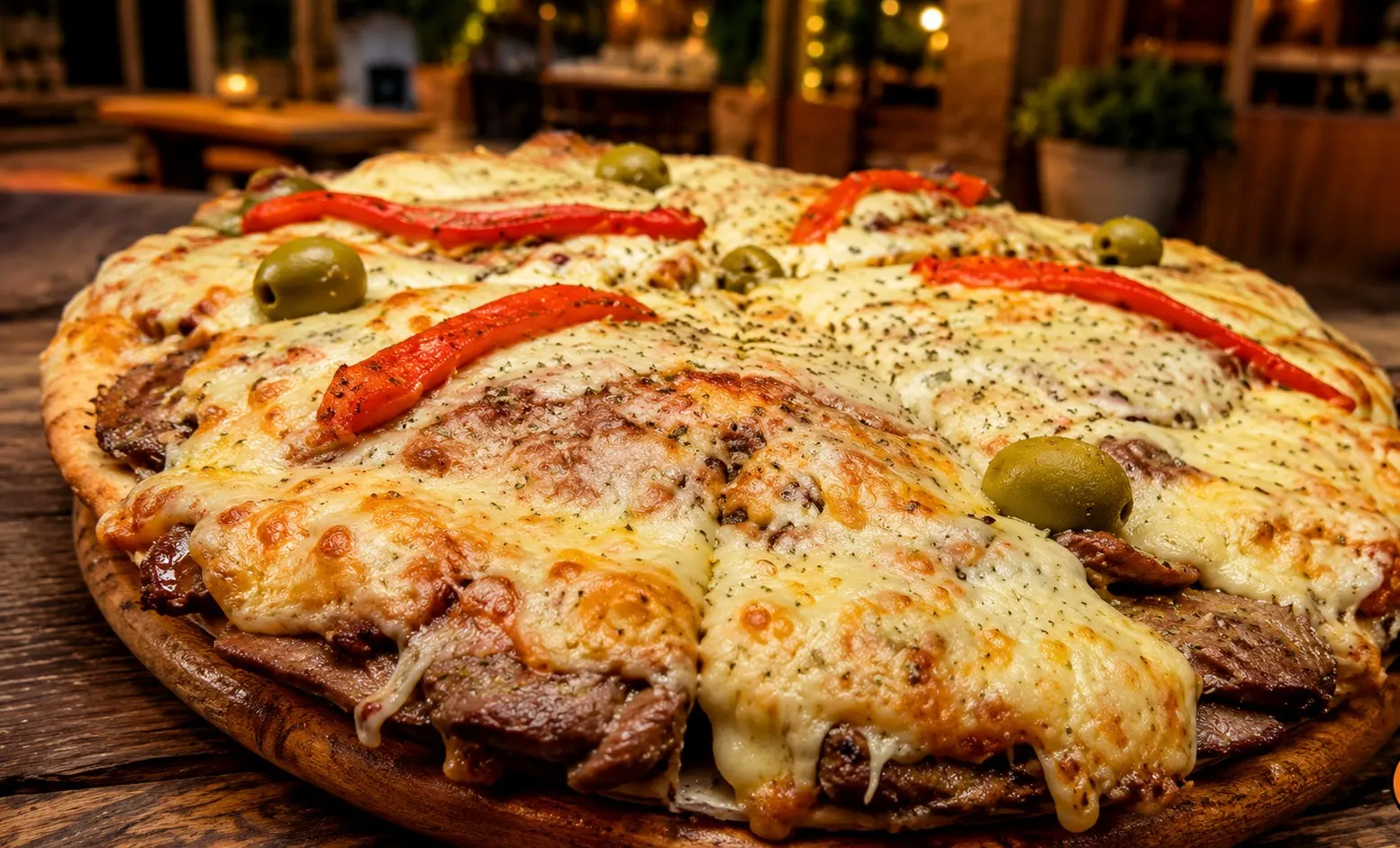 Pizza de Molino cargada con lomo de ternera, muzzarella gratinada, morrones y aceitunas