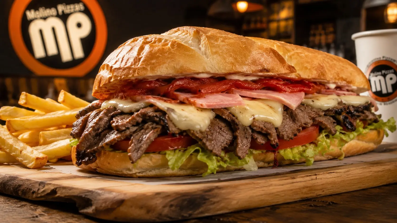 Lomo clásico de Molino con carne, jamón, queso fundido, tomate y lechuga en pan crocante