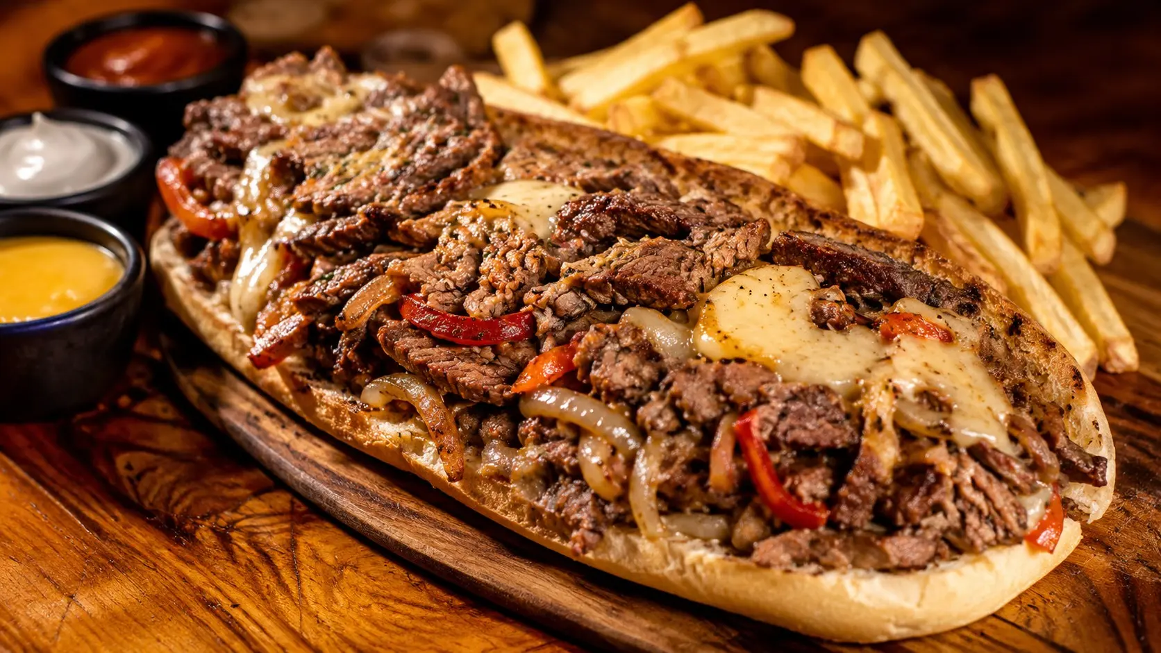 Lomo generoso con abundante carne, cebolla y morrones, acompañado de papas fritas y salsas