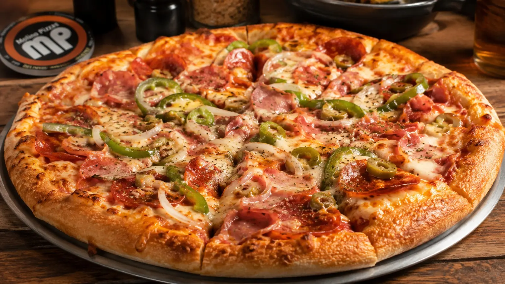 Pizza de Molino con jamón, morrón verde y cebolla, recién salida del horno