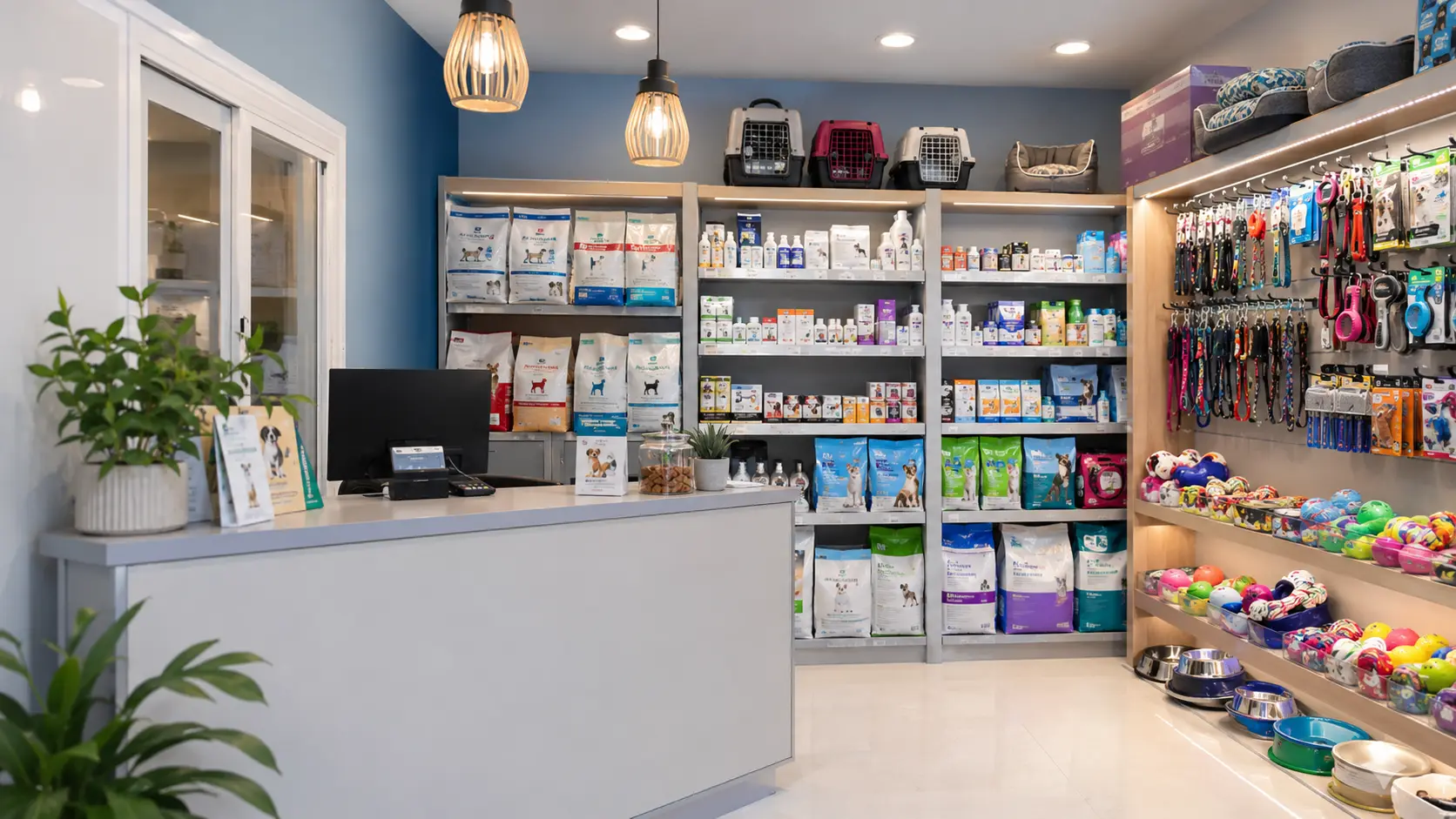 Interior de la tienda pet shop de Zoomanía con alimentos, accesorios y mostrador de atención